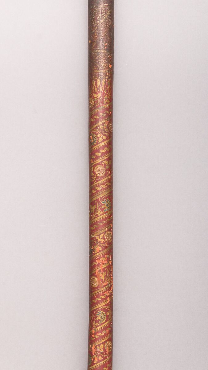 Spear with Sheath, Steel, wood, iron, brass, leather, pigment, possibly pitch, South Indian 