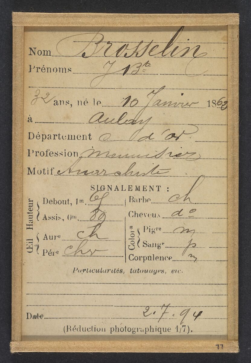 Brosselin. Jean-Baptiste. 32 ans, né le 10/1/62 à Aulay (Côte d'Or). Menuisier. Anarchiste. 2/7/94., Alphonse Bertillon (French, 1853–1914), Albumen silver print from glass negative
