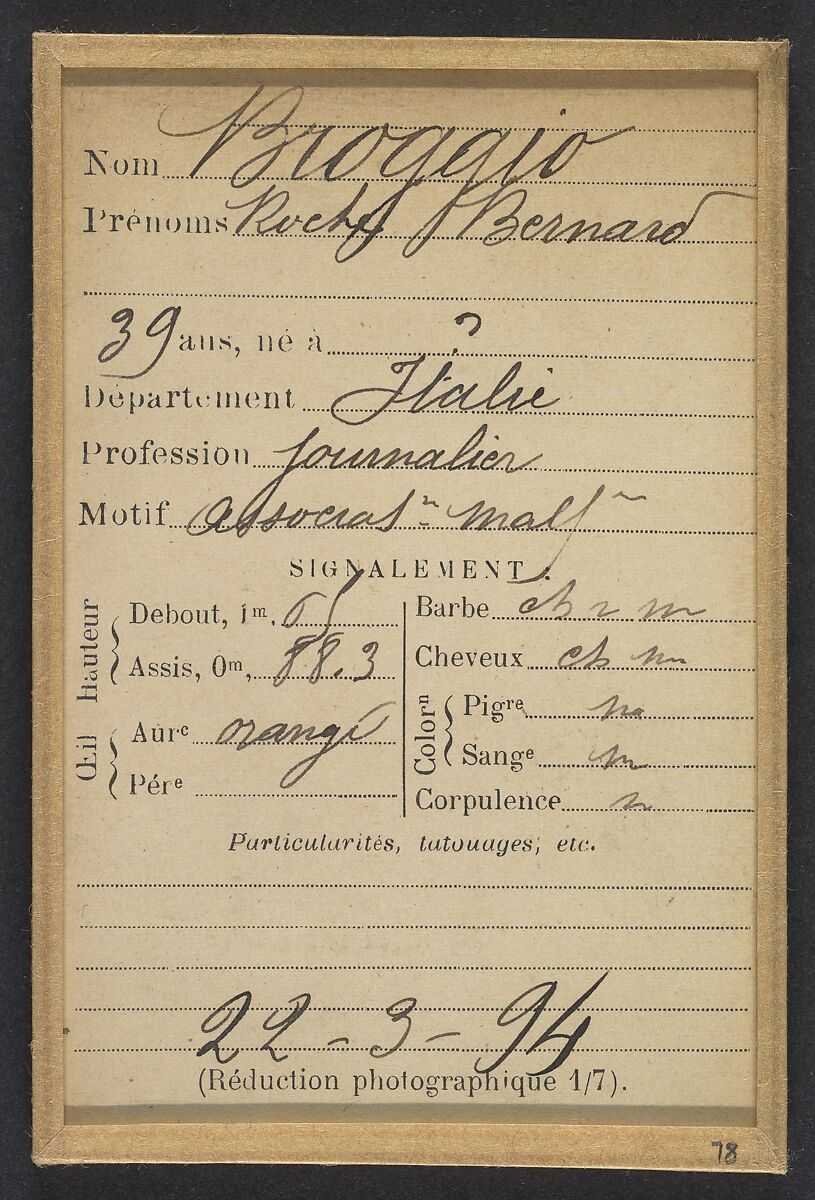 Broggio. (Roche), Bernard. 39 ans, né en Italie. Journalier. Association de malfaiteurs. 22/3/94., Alphonse Bertillon (French, 1853–1914), Albumen silver print from glass negative