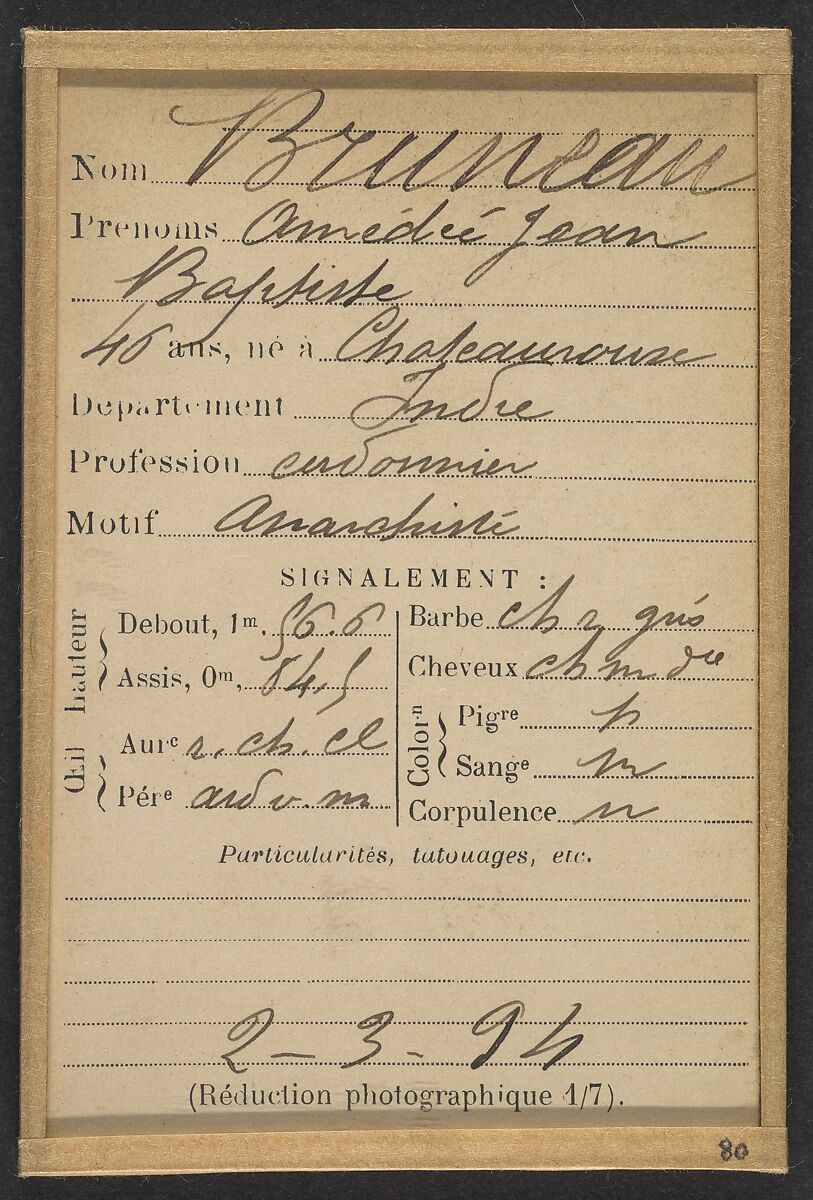 Bruneau. Amédé, Jean Baptiste. 46 ans, né à Châteauroux (Indre). Cordonnier. Anarchiste. 2/3/94., Alphonse Bertillon (French, 1853–1914), Albumen silver print from glass negative