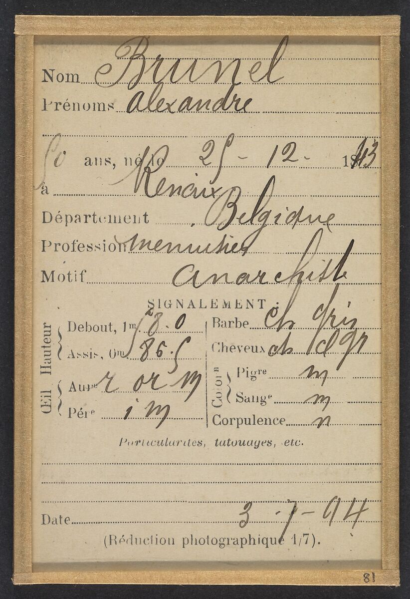 Brunel. Alexandre. 50 ans, né le 25/12/43 à Renaix (Belgique). Menuisier. Anarchiste. 3/7/94., Alphonse Bertillon (French, 1853–1914), Albumen silver print from glass negative