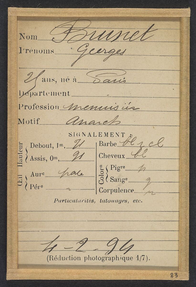 Brunet. Georges. 25 ans, né à Paris. Menuisier. Anarchiste. 4/2/94., Alphonse Bertillon (French, 1853–1914), Albumen silver print from glass negative