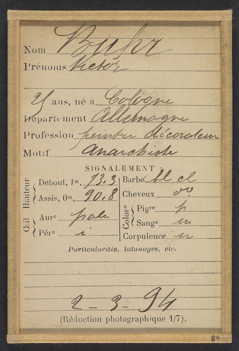 Buhr. Victor. 25 ans, né à Cologne (Allemagne). Peintre décorateur. Anarchiste. 2/3/94., Alphonse Bertillon (French, 1853–1914), Albumen silver print from glass negative