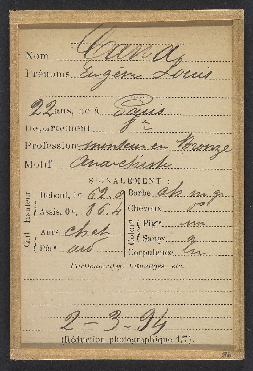 Cana. Eugène, Louis. 22 ans, né à Paris Vllle. Monteur en bronze. Anarchiste. 2/3/94., Alphonse Bertillon (French, 1853–1914), Albumen silver print from glass negative