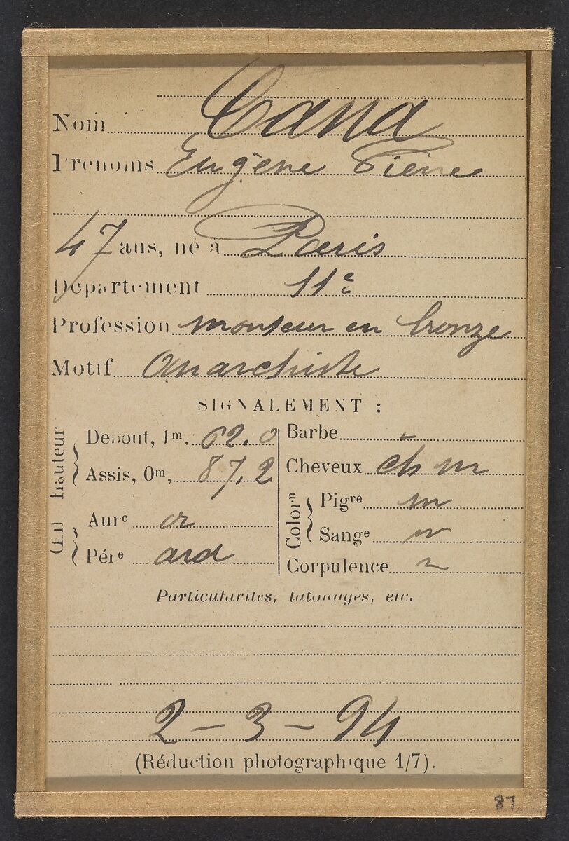 Cana. Eugène, Pierre. 47 ans, né à Paris XIe. Monteur en bronze. Anarchiste. 2/3/94., Alphonse Bertillon (French, 1853–1914), Albumen silver print from glass negative