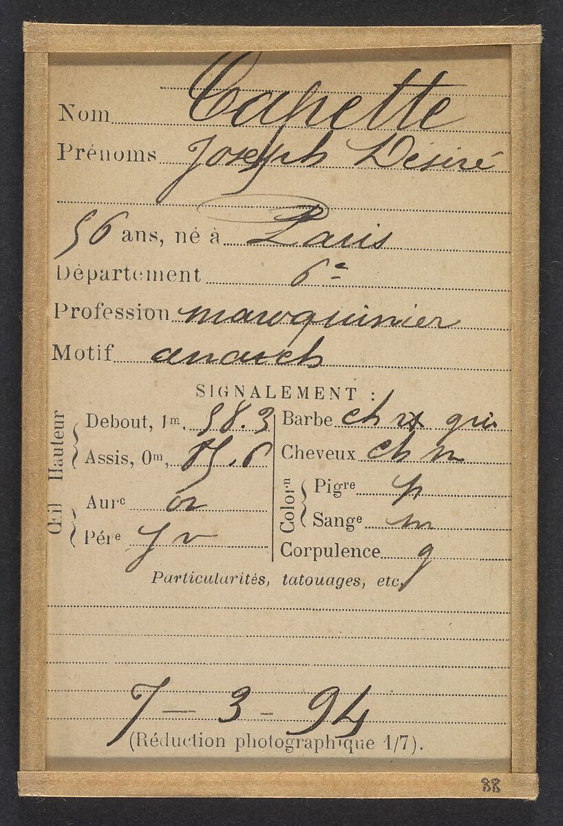 Capette. Joseph, Désiré. 56 ans, né à Paris VI. Maroquinier. Anarchiste. 7/3/94., Alphonse Bertillon (French, 1853–1914), Albumen silver print from glass negative