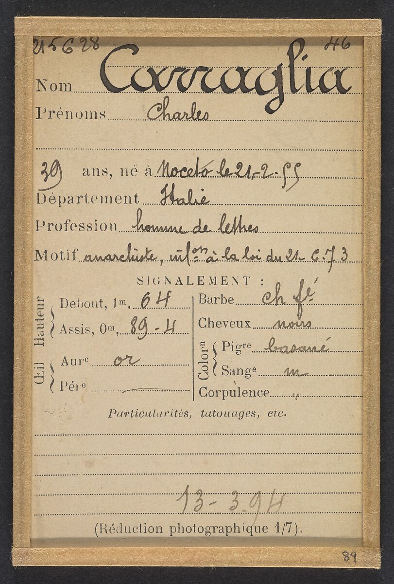 Carraglia. Charles. 39 ans, né à Moceto (It). Homme de lettres. Anar, infraction à la loi du 21/6/73. 13/3/94., Alphonse Bertillon (French, 1853–1914), Albumen silver print from glass negative