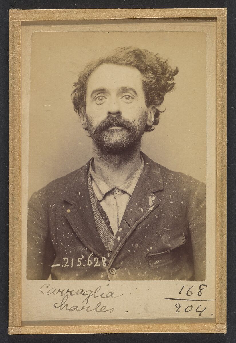 Carraglia. Charles. 39 ans, né à Moceto (It). Homme de lettres. Anar, infraction à la loi du 21/6/73. 13/3/94., Alphonse Bertillon (French, 1853–1914), Albumen silver print from glass negative 