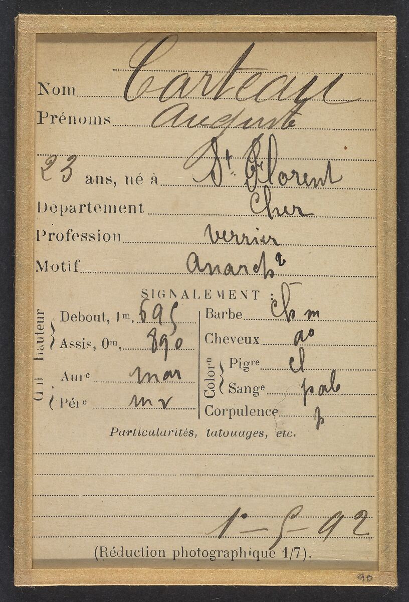 Carteau. Auguste. 23 ans, né à St-Florent (Cher). Verrier. Anarchiste. 1/5/92., Alphonse Bertillon (French, 1853–1914), Albumen silver print from glass negative
