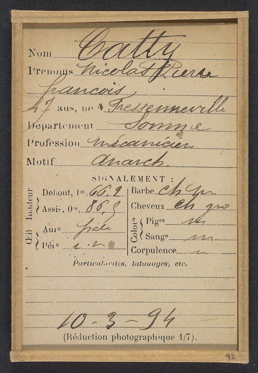 Catty. Nicolas, Pierre, François. 47 ans, né à Fressenneville (Somme). Mécanicien. Anarchiste. 10/3/94., Alphonse Bertillon (French, 1853–1914), Albumen silver print from glass negative