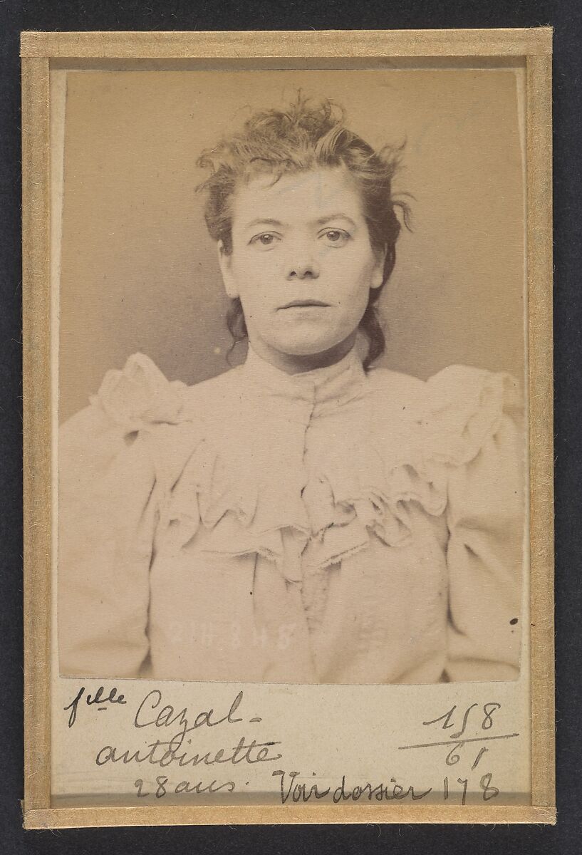 Cazal. Antoinette. 28 ans, née à Salgouz (Cantal). Couturière. Anarchiste. 28/2/94., Alphonse Bertillon (French, 1853–1914), Albumen silver print from glass negative 