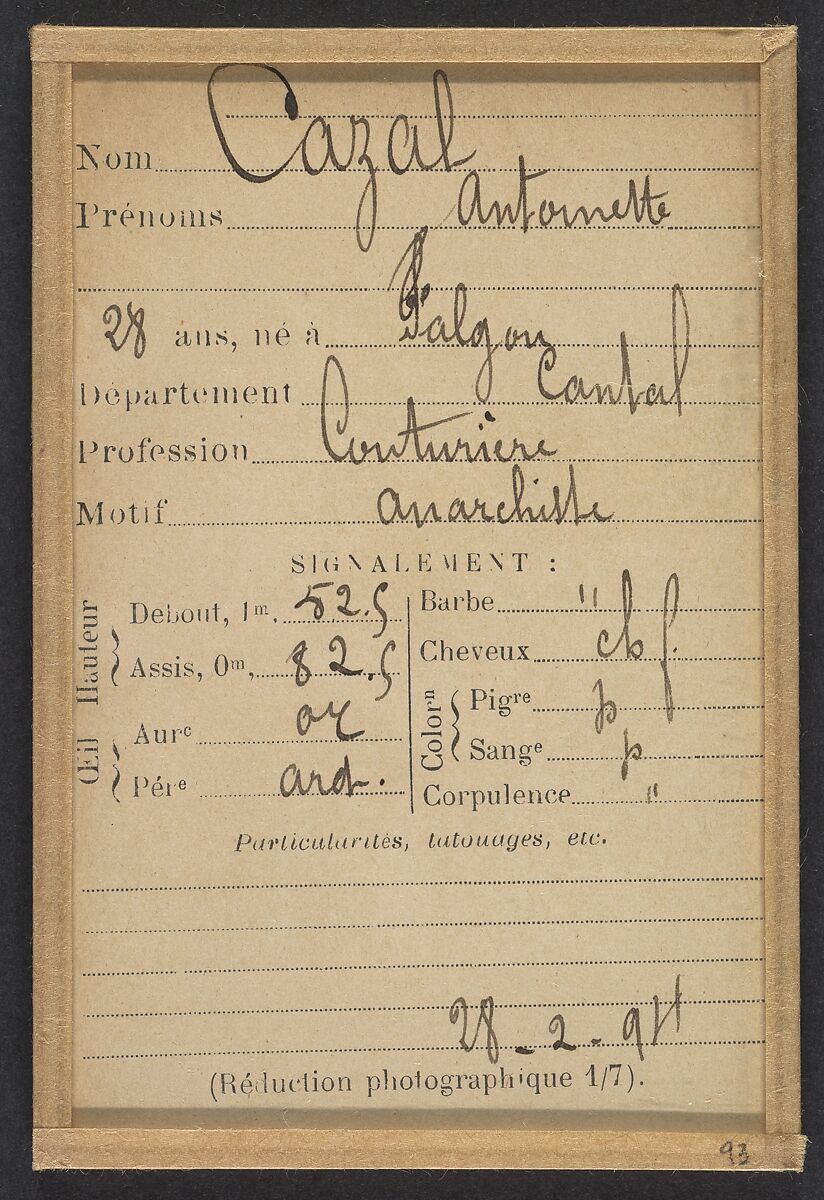 Cazal. Antoinette. 28 ans, née à Salgouz (Cantal). Couturière. Anarchiste. 28/2/94., Alphonse Bertillon (French, 1853–1914), Albumen silver print from glass negative