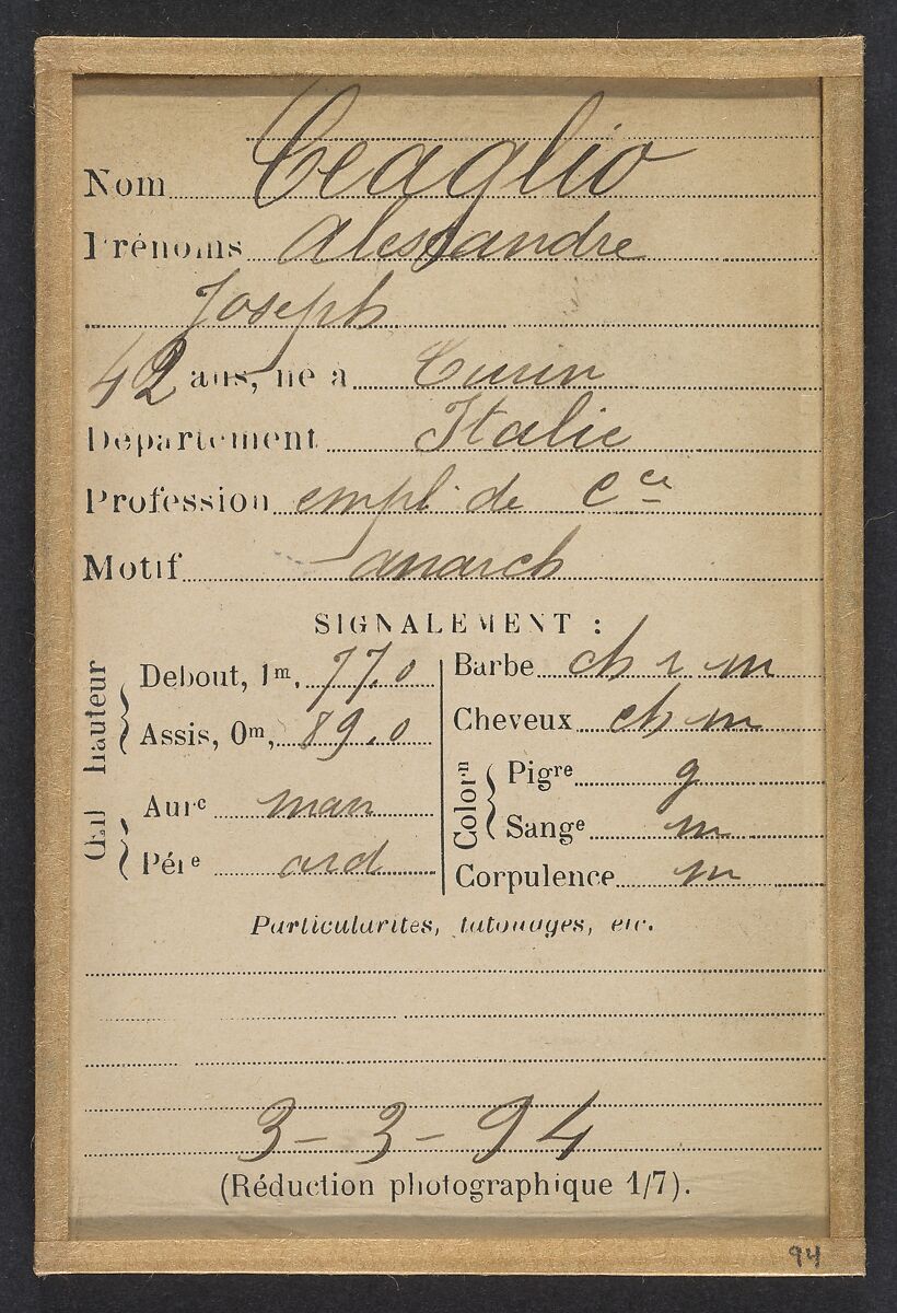 Ceaglio. Alexandre, Joseph. 42 ans, né à Turin (Italie). Employé de commerce. Anarchiste. 3/3/94., Alphonse Bertillon (French, 1853–1914), Albumen silver print from glass negative