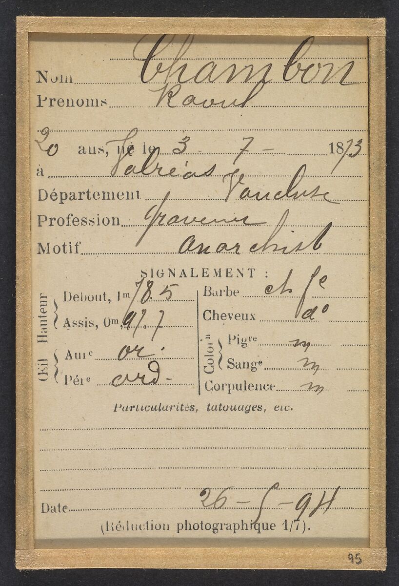 Chambon. Raoul. 20 ans, né le 3/7/73 à Valréas (Vaucluse). Graveur. Anarchiste. 26/5/94., Alphonse Bertillon (French, 1853–1914), Albumen silver print from glass negative