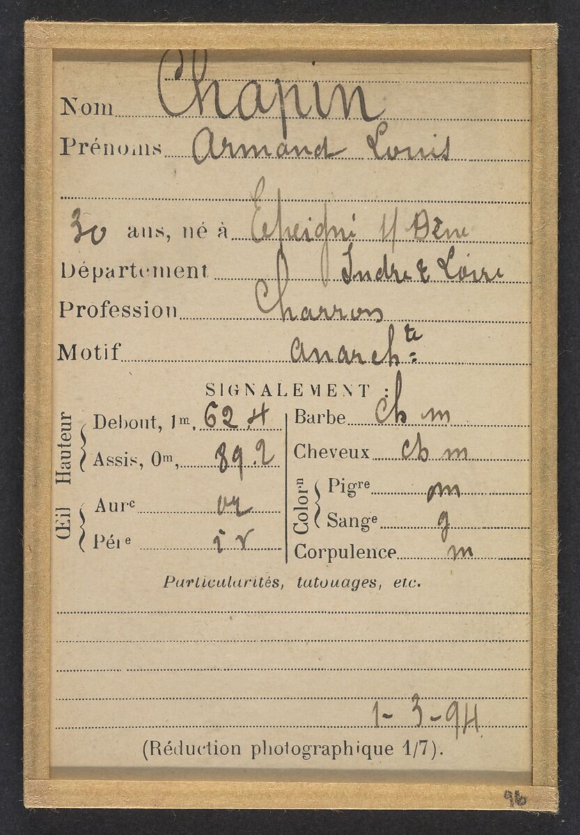Chapin. Armand, Louis. 30 ans, né à Épeigné (Indre & Loire). Charron. Anarchiste. 1/3/94., Alphonse Bertillon (French, 1853–1914), Albumen silver print from glass negative