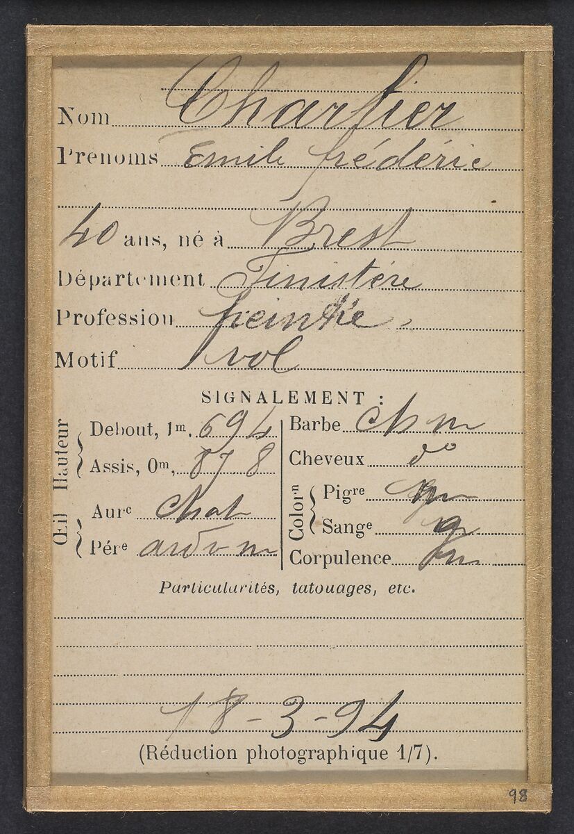 Charlier. Ernile, Frédéric. 40 ans, né à Brest (Finistère). Peintre. Vol. 18/3/94., Alphonse Bertillon (French, 1853–1914), Albumen silver print from glass negative
