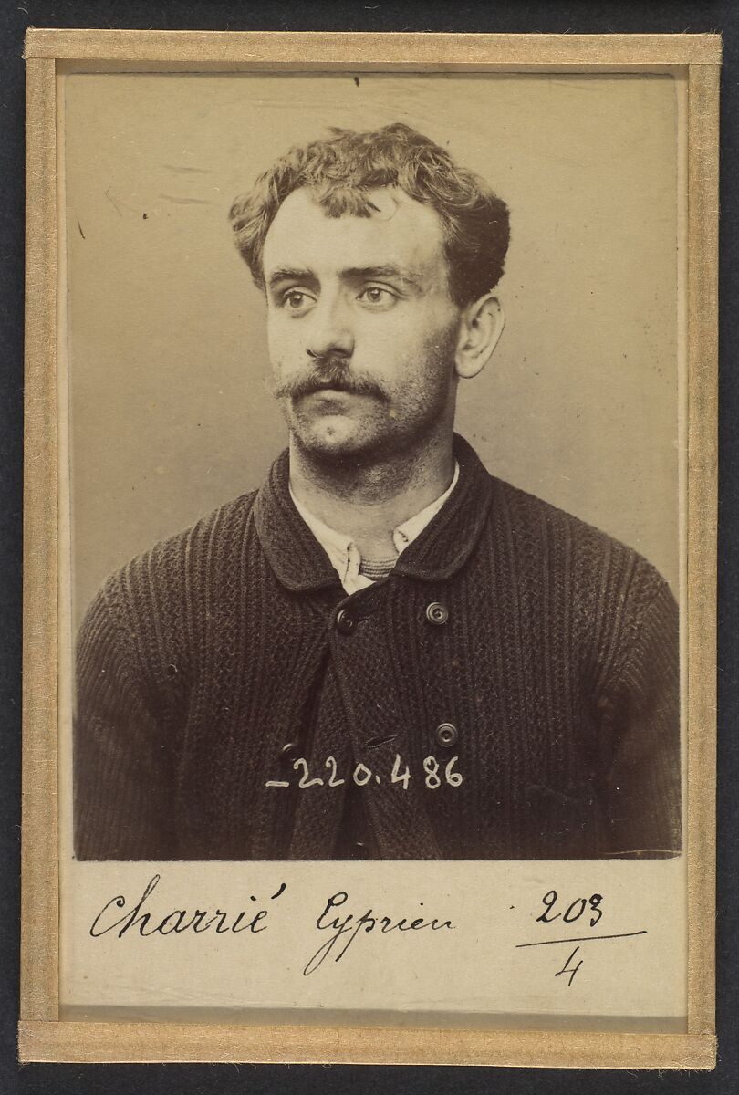 Charrié. Cyprien. 26 ans, né le 7/10/67 à Paris XVIlle. Imprimeur. Anarchiste 2/7/94., Alphonse Bertillon (French, 1853–1914), Albumen silver print from glass negative 