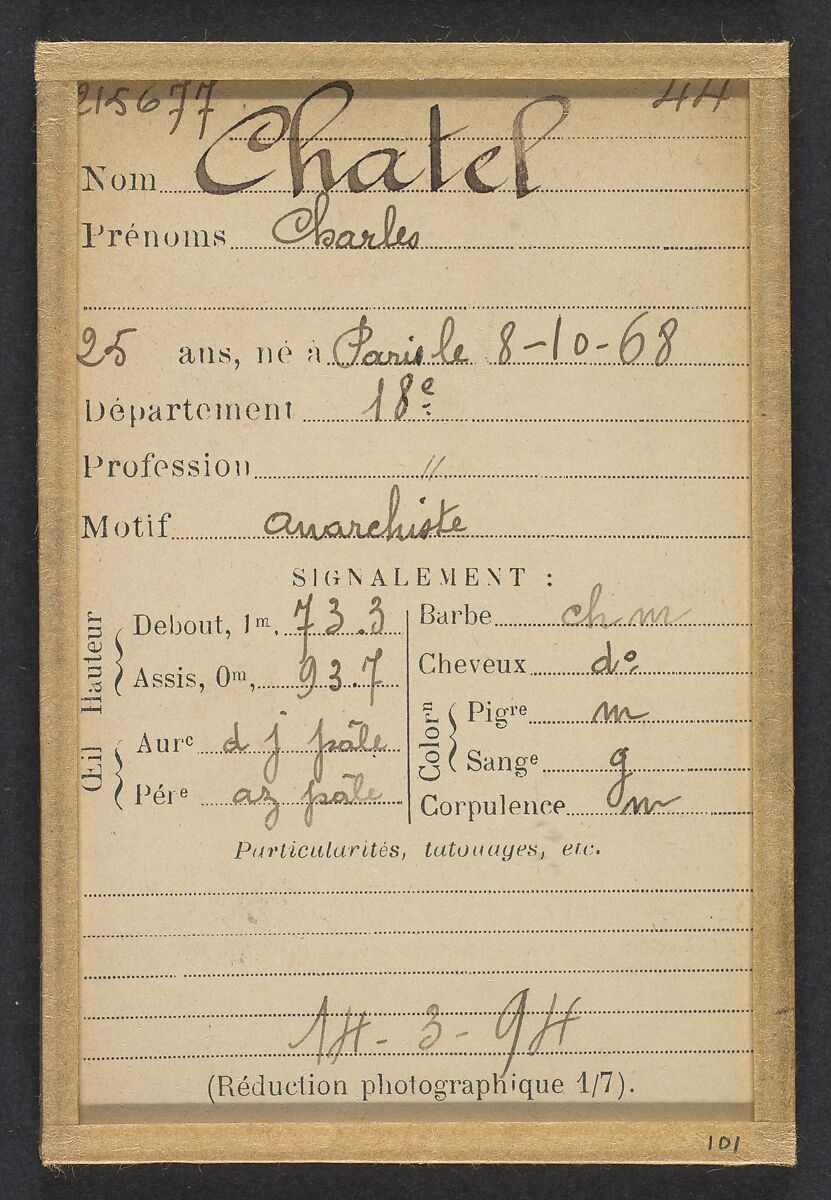 Chatel. Charles. 25 ans, né le 8/10/68 à Paris XVIIle. Anarchiste. 14/3/94., Alphonse Bertillon (French, 1853–1914), Albumen silver print from glass negative