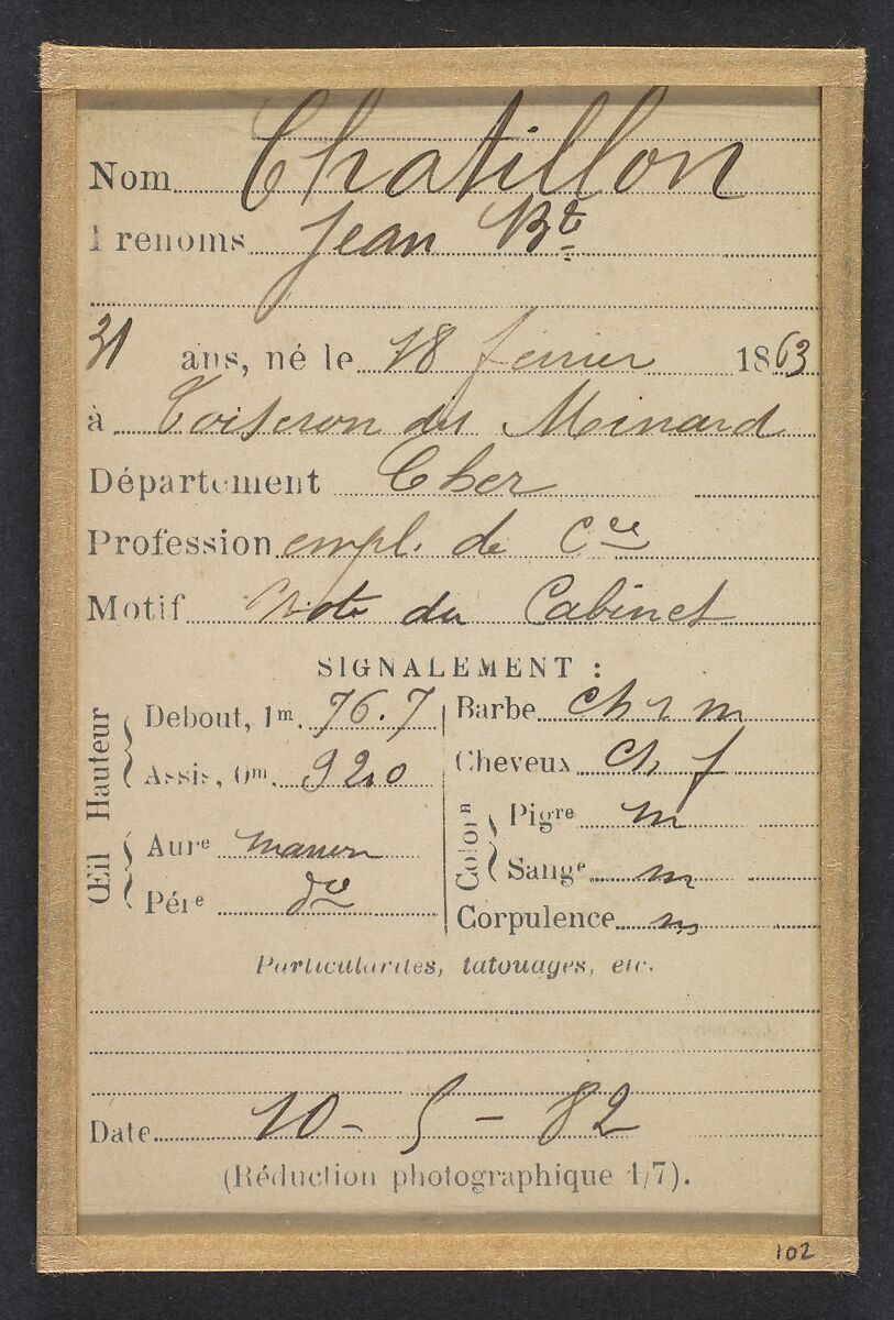 Chatillon. Jean-Baptiste. 31 ans, né à Toiseron des Minard (Cher). Employé de commerce. Note du cabinet. 10/5/82, Alphonse Bertillon (French, 1853–1914), Albumen silver print from glass negative