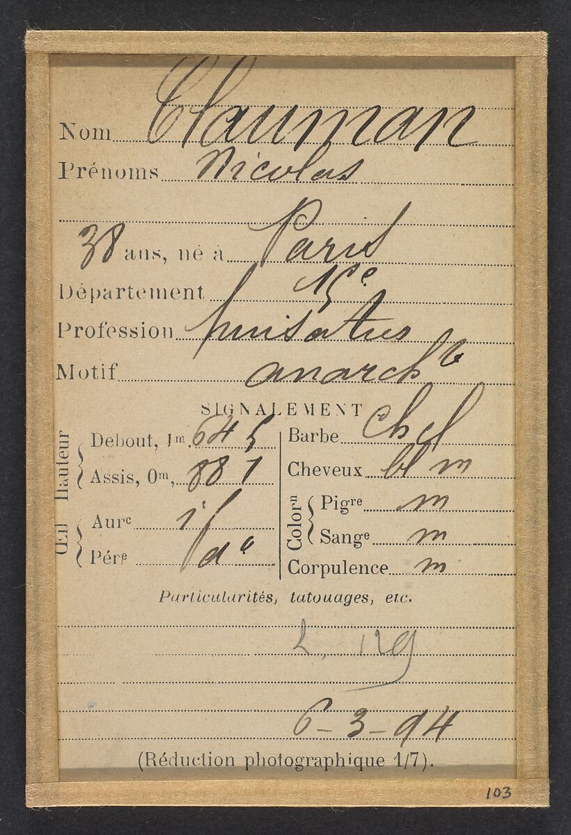 Chauman. Nicolas. 38 ans, né à Paris XVe. Puisatier. Anarchiste. 6/3/94., Alphonse Bertillon (French, 1853–1914), Albumen silver print from glass negative
