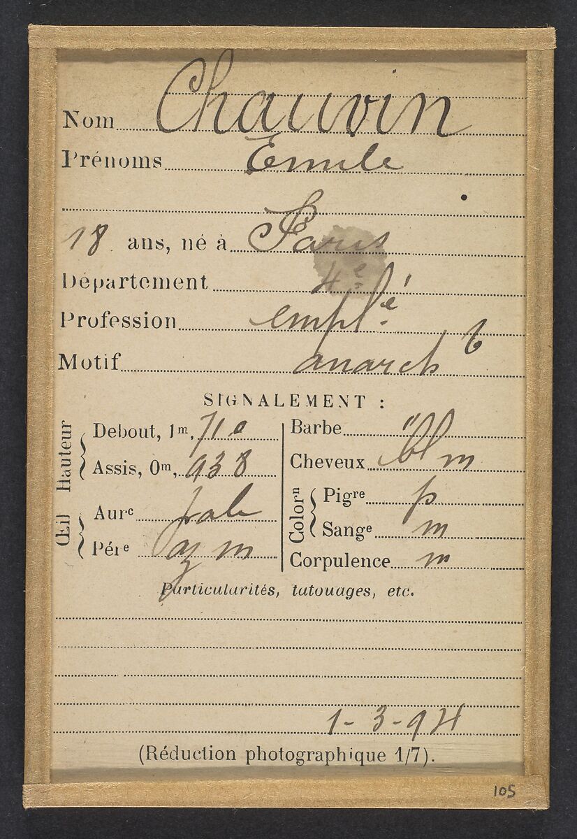 Chauvin. Émile. 18 ans, né à Paris IVe. Employé. Anarchiste. 1/3/94., Alphonse Bertillon (French, 1853–1914), Albumen silver print from glass negative