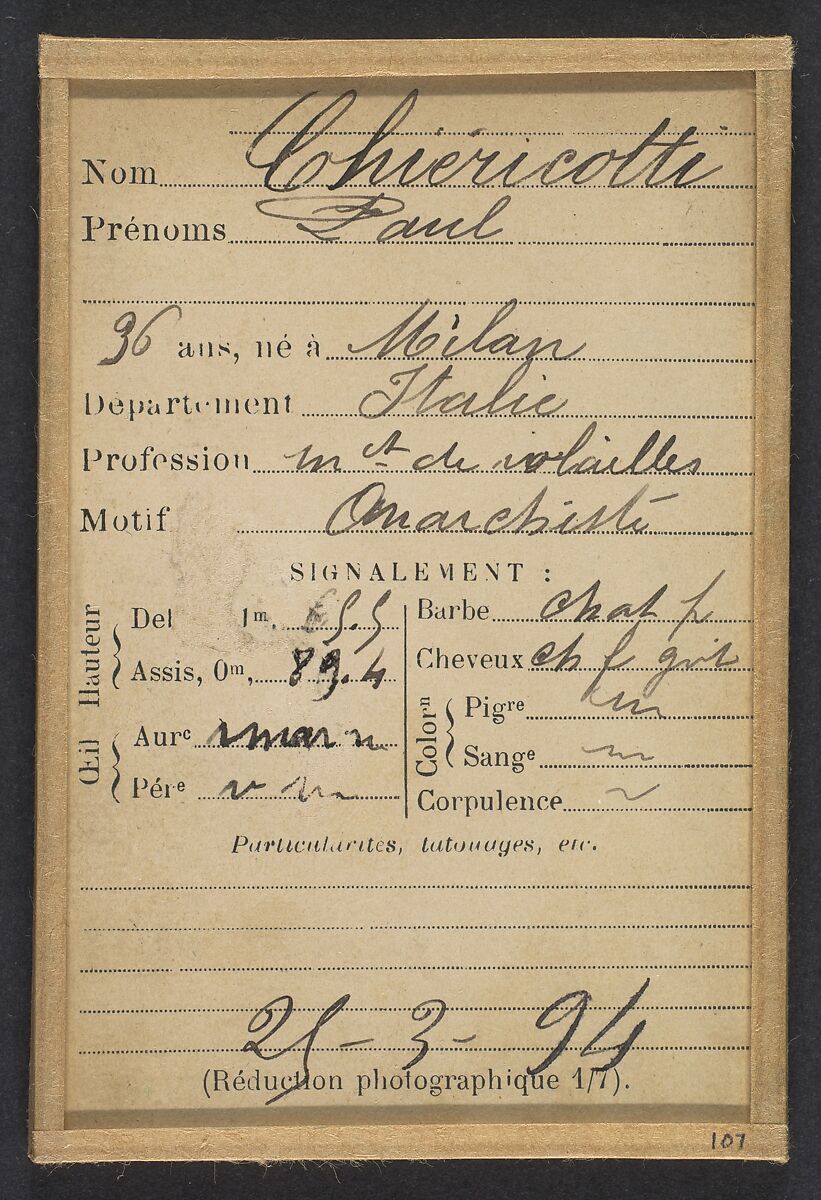 Chericotti. Paul. 35 ans, né à Milan (Italie). Marchand de volailles. Anarchiste/Assoc. de malfaiteurs. 25/3/94., Alphonse Bertillon (French, 1853–1914), Albumen silver print from glass negative