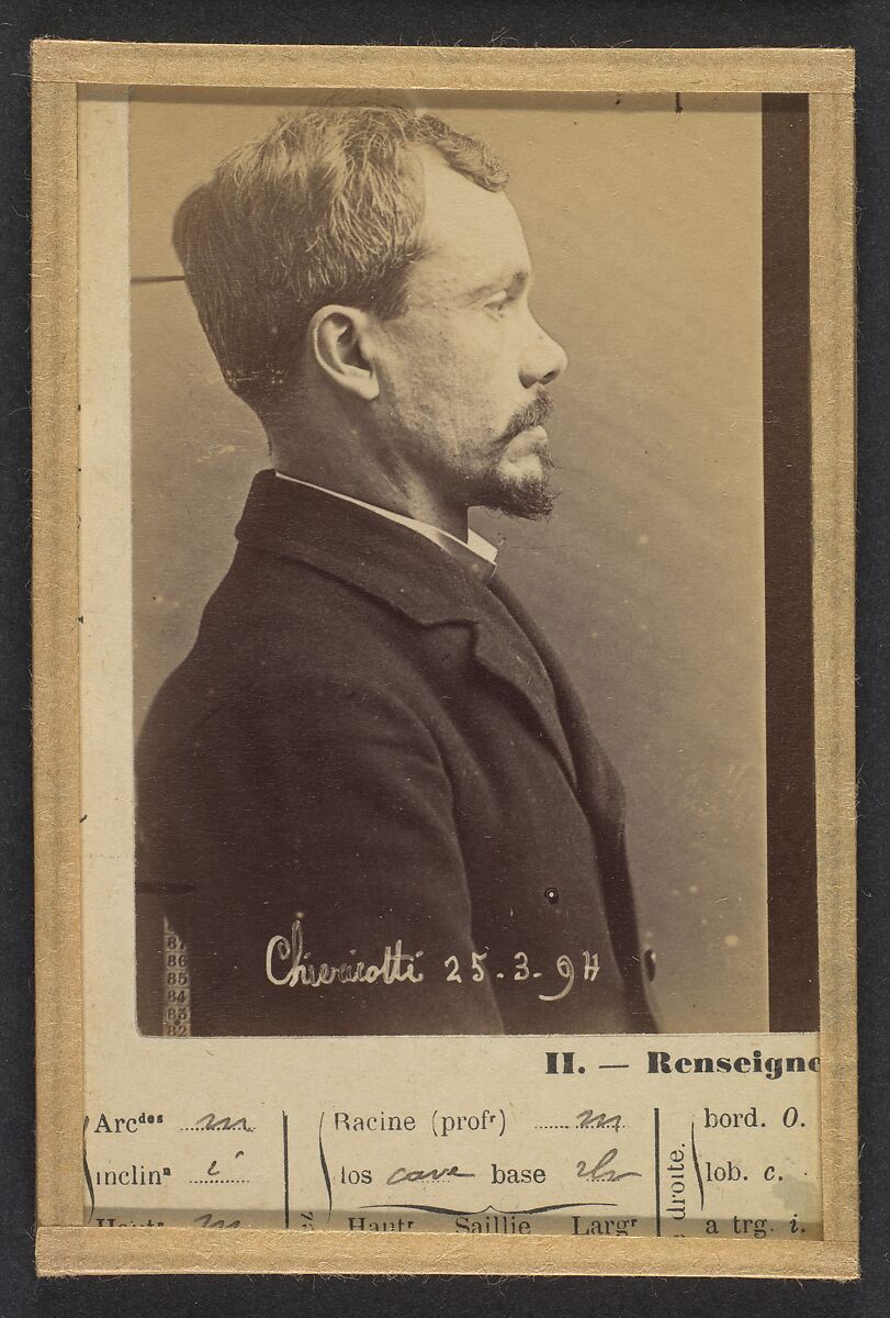 Chericotti. Paul. 35 ans, né à Milan (Italie). Marchand de volailles. Anarchiste/Assoc. de malfaiteurs. 25/3/94., Alphonse Bertillon (French, 1853–1914), Albumen silver print from glass negative 