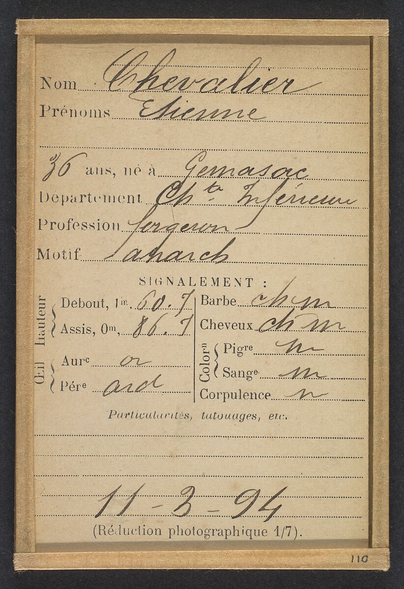 Chevalier. Étienne. 36 ans, né à Gémosac (Charente-Inférieure). Forgeron. Anarchiste. 11/3/94., Alphonse Bertillon (French, 1853–1914), Albumen silver print from glass negative