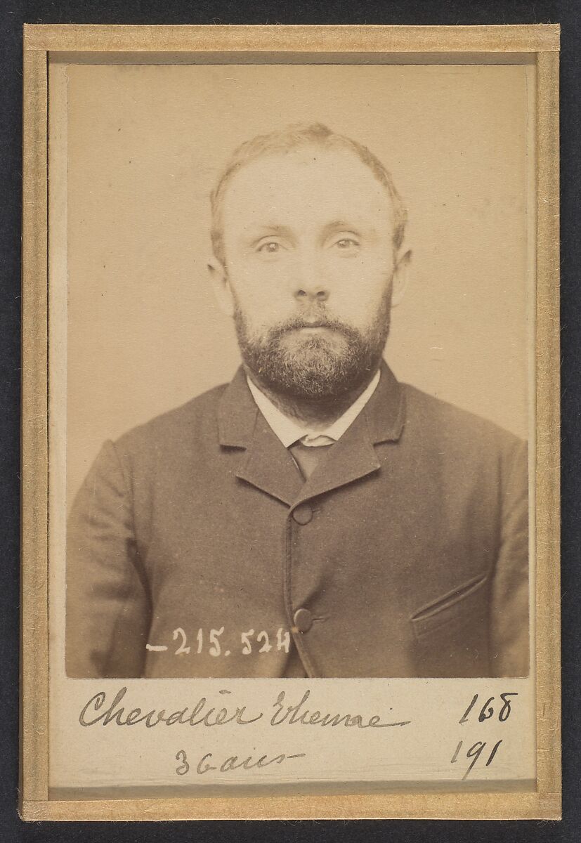 Chevalier. Étienne. 36 ans, né à Gémosac (Charente-Inférieure). Forgeron. Anarchiste. 11/3/94., Alphonse Bertillon (French, 1853–1914), Albumen silver print from glass negative 