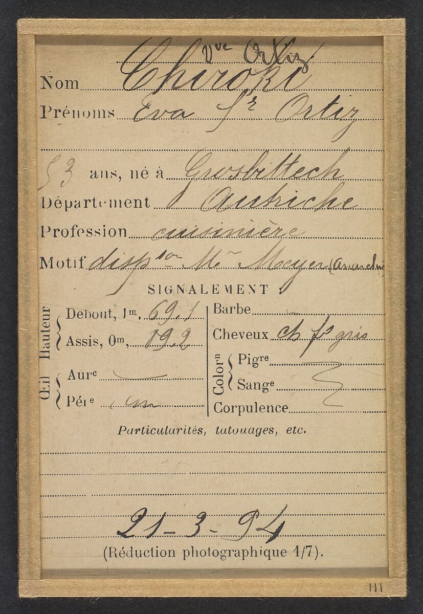 Chiroki. Eva (veuve Ortiz). 53 ans, née à Grosbitlech (Autriche). Cuisinière. Anarchiste. 21/3/94., Alphonse Bertillon (French, 1853–1914), Albumen silver print from glass negative