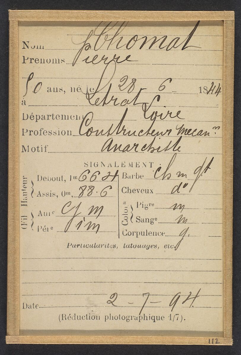 Chornat. Pierre. 50 ans, né le 20/6/44 à Letrat (Loire). Constructeur-mécanicien. Anarchiste. 2/7/94., Alphonse Bertillon (French, 1853–1914), Albumen silver print from glass negative