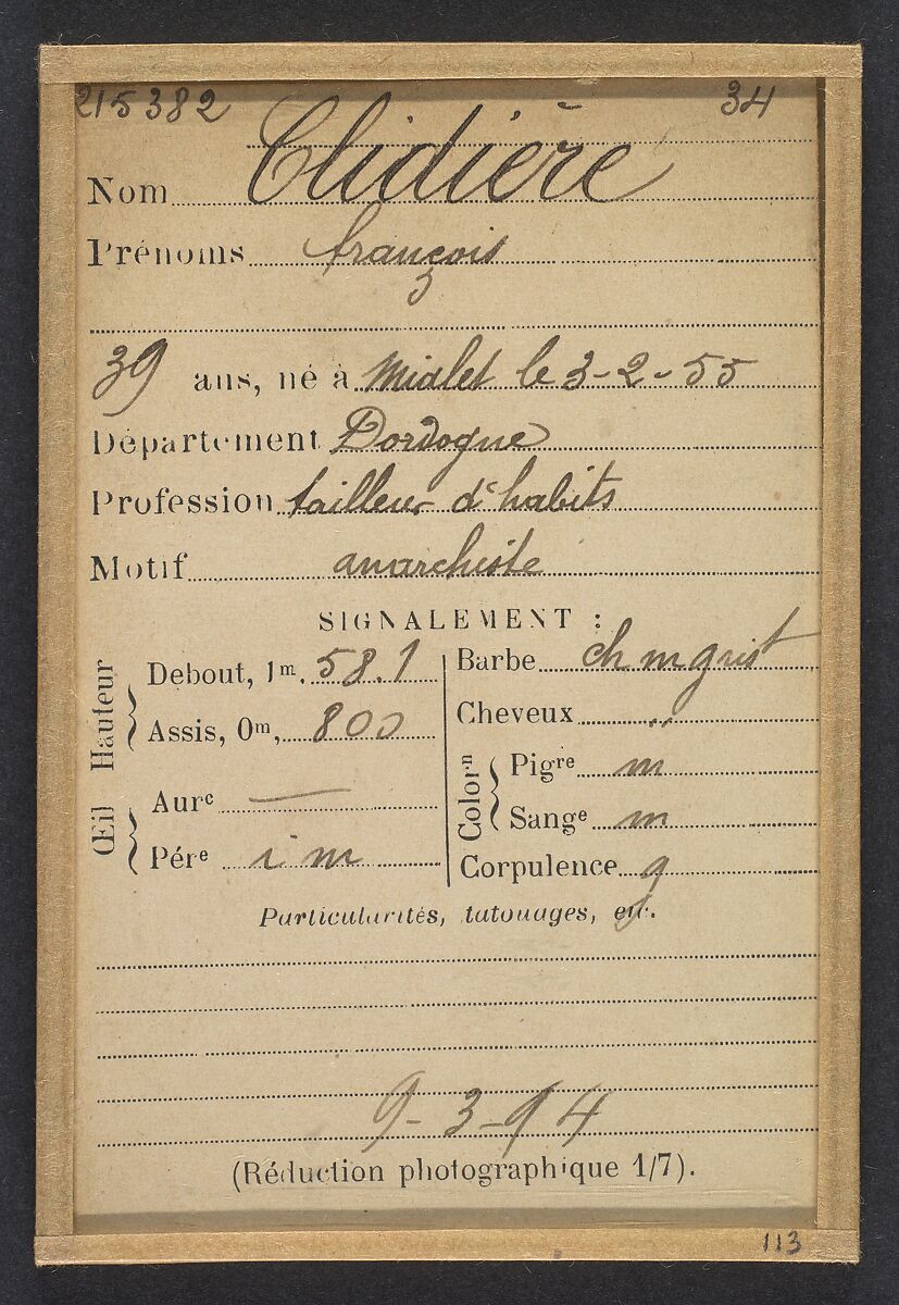 Clidière. François. 39 ans, né le 3/2/55 à Miales (Dordogne). Tailleur d'habits. Anarchiste. 9/3/94., Alphonse Bertillon (French, 1853–1914), Albumen silver print from glass negative