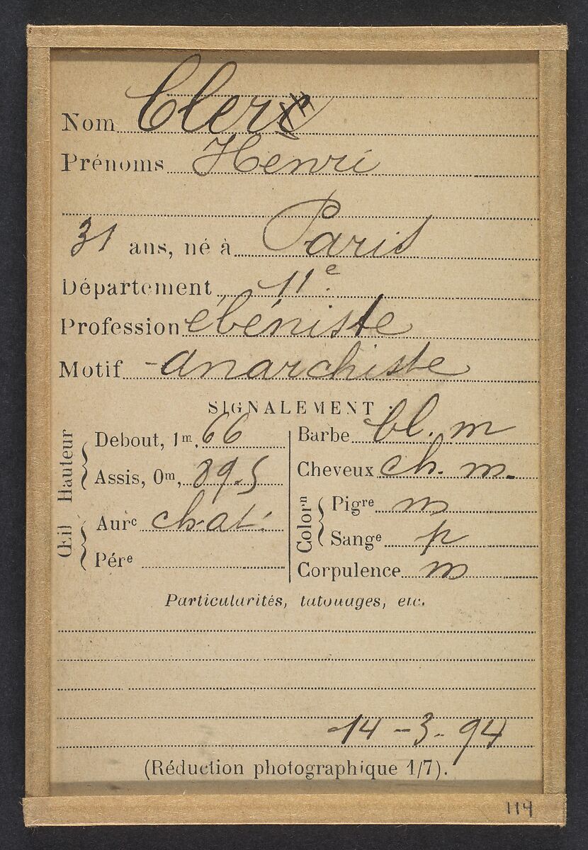 Cler. Henri. 31 ans, né à Paris XIe. Ébéniste. Anarchiste. 14/3/94., Alphonse Bertillon (French, 1853–1914), Albumen silver print from glass negative