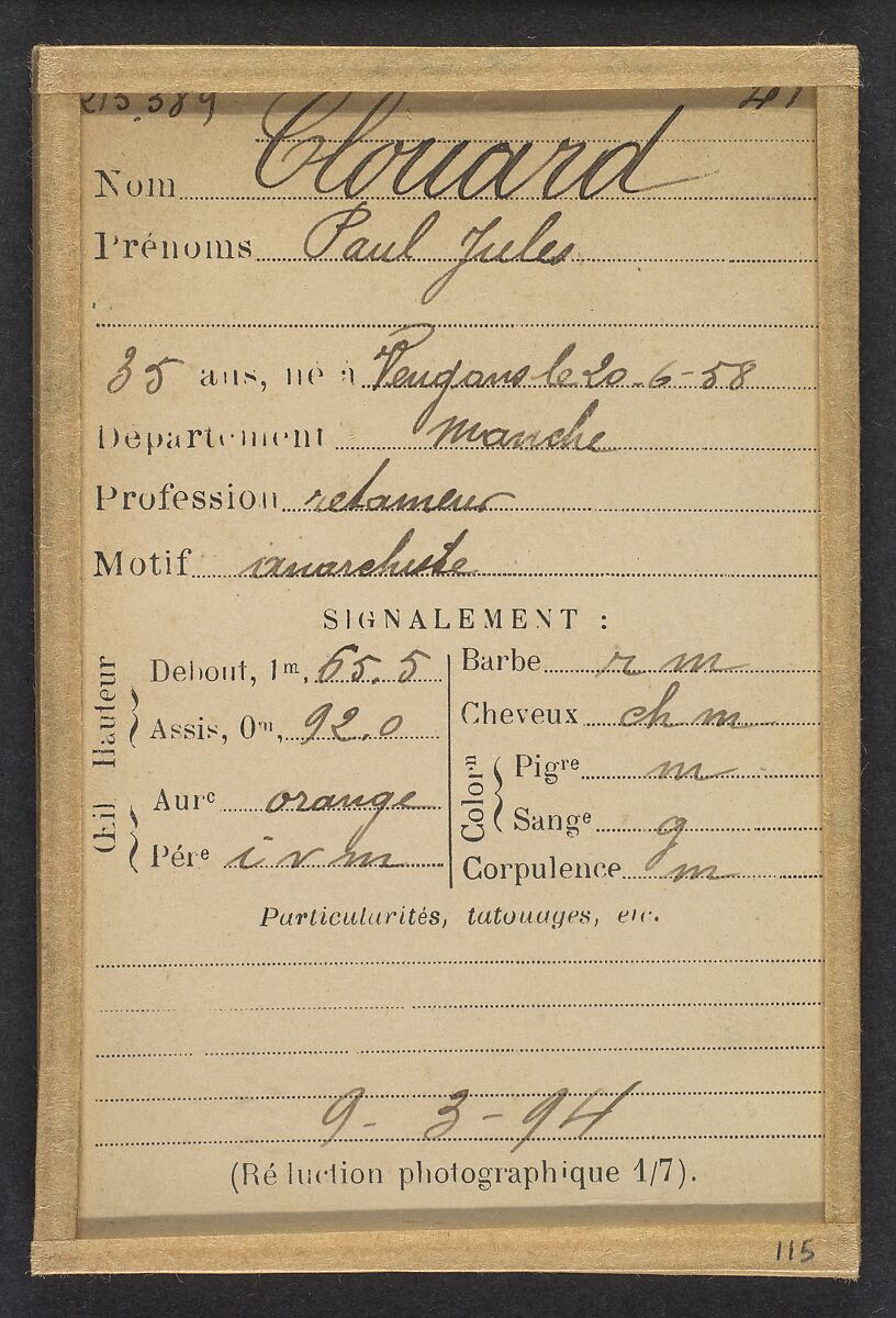Clouard. Paul, Jules. 35 ans, né le 20/6/58 à Peugans (Manche). Rétameur. Anarchiste. 9/3/94., Alphonse Bertillon (French, 1853–1914), Albumen silver print from glass negative