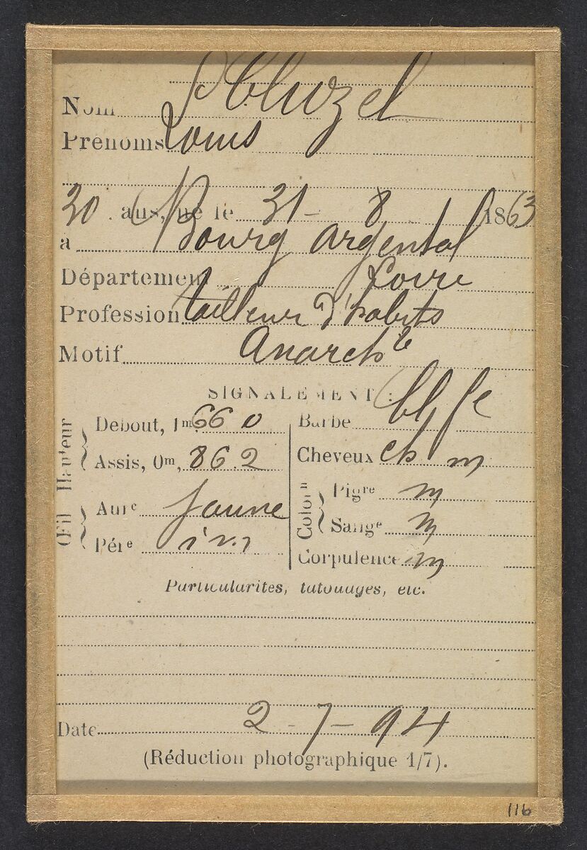 Cluzel. Louis. 30 ans, né le 31/8/63 à Bourg-Argental (Loire). Tailleur d'habits. Anarchiste. 2/7/94., Alphonse Bertillon (French, 1853–1914), Albumen silver print from glass negative