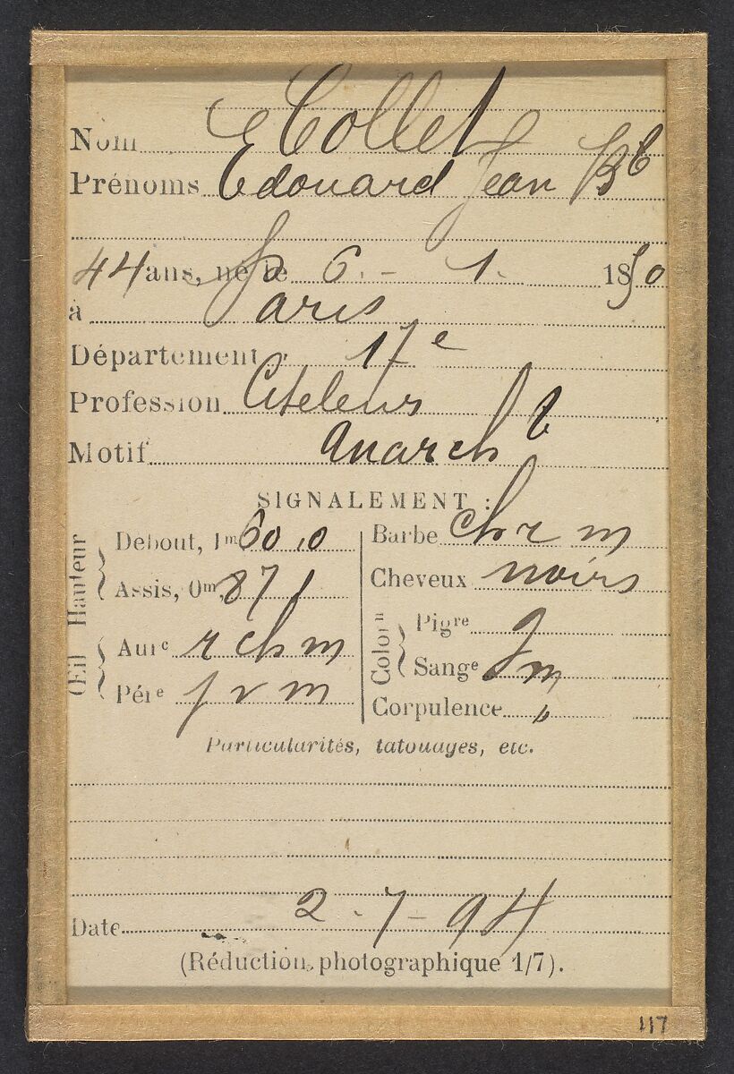 Collet. Edouard, Jean-Baptiste. 44 ans, né le 6/1/50 à Paris XVlle. Ciseleur. Anarchiste. 2/7/94., Alphonse Bertillon (French, 1853–1914), Albumen silver print from glass negative