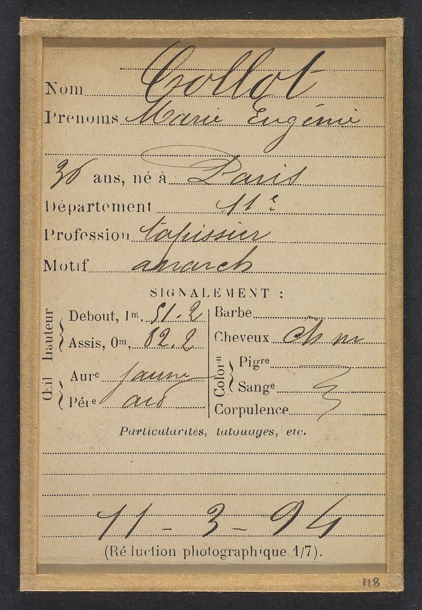 Collot. Marie, Eugénie. 36 ans, né à Paris Xle. Tapissier. Anarchiste. 11/3/94, Alphonse Bertillon (French, 1853–1914), Albumen silver print from glass negative