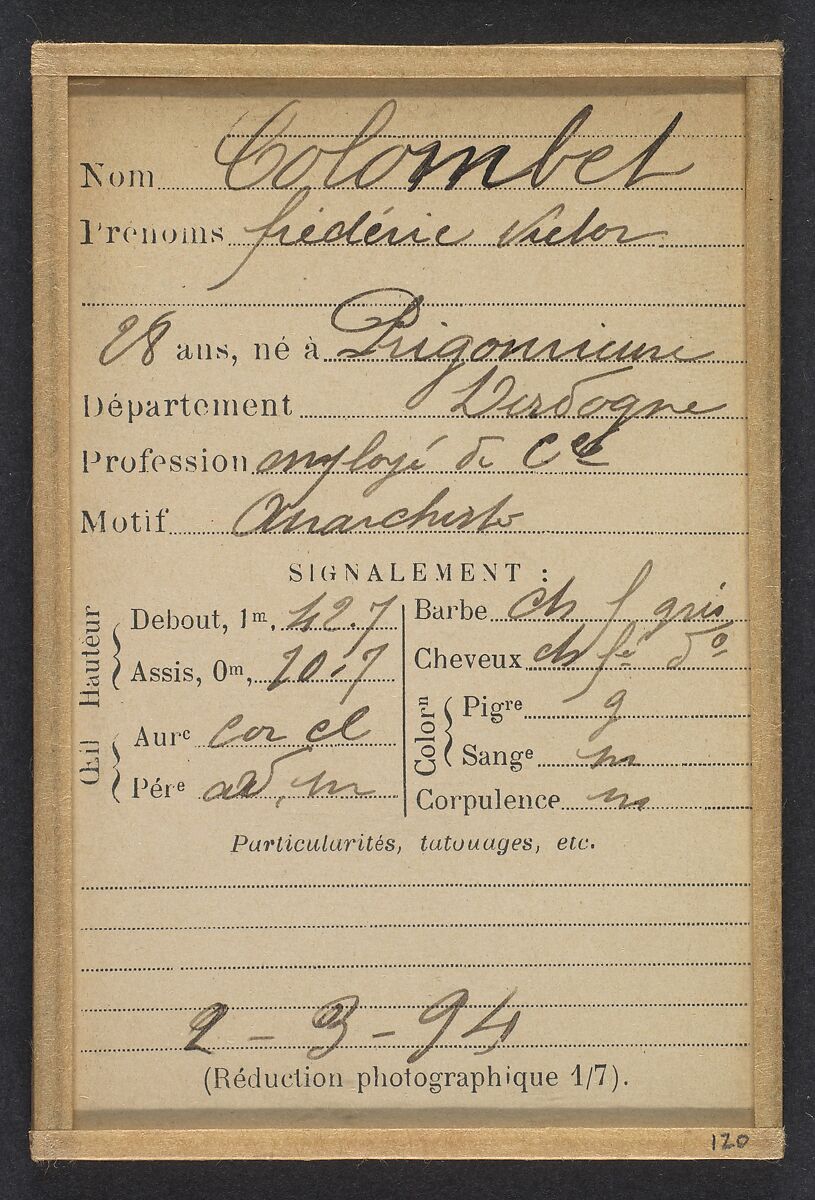 Colombet. Frédéric. 28 ans, né à Prigonnieux (Dordogne). Employé de commerce. Anarchiste. 2/3/94., Alphonse Bertillon (French, 1853–1914), Albumen silver print from glass negative