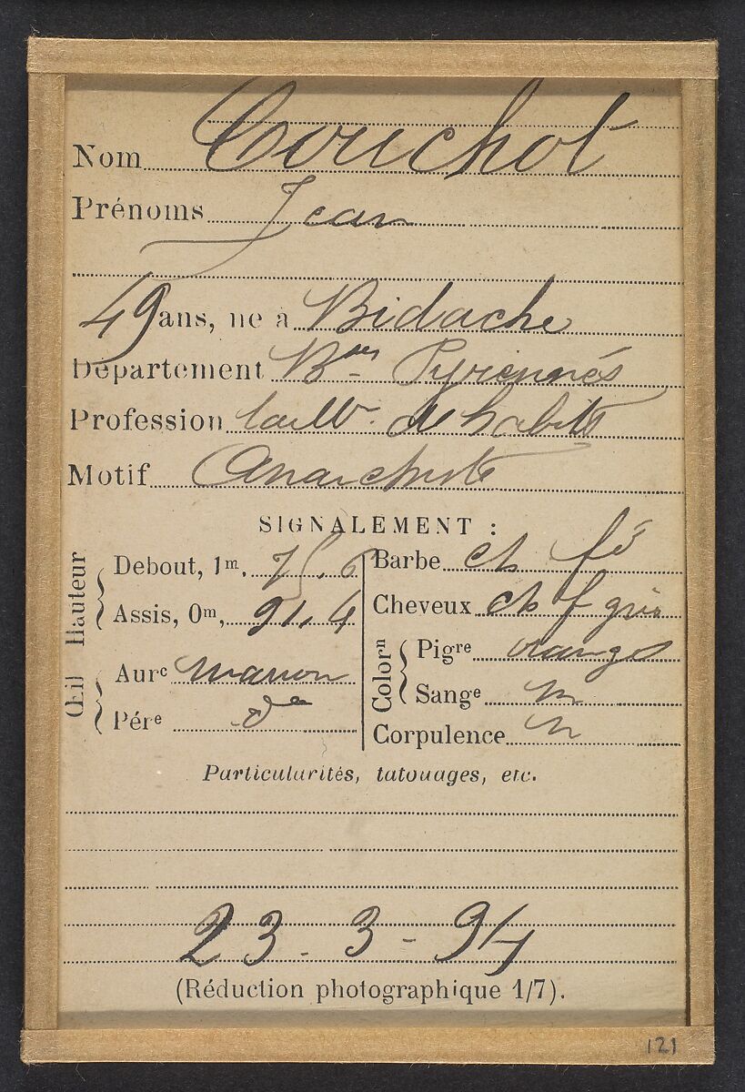 Couchot. Jean. 49 ans, né à Bidache (Basses-Pyrénées). Tailleurs d'habits. Anarchiste. 23/3/94., Alphonse Bertillon (French, 1853–1914), Albumen silver print from glass negative