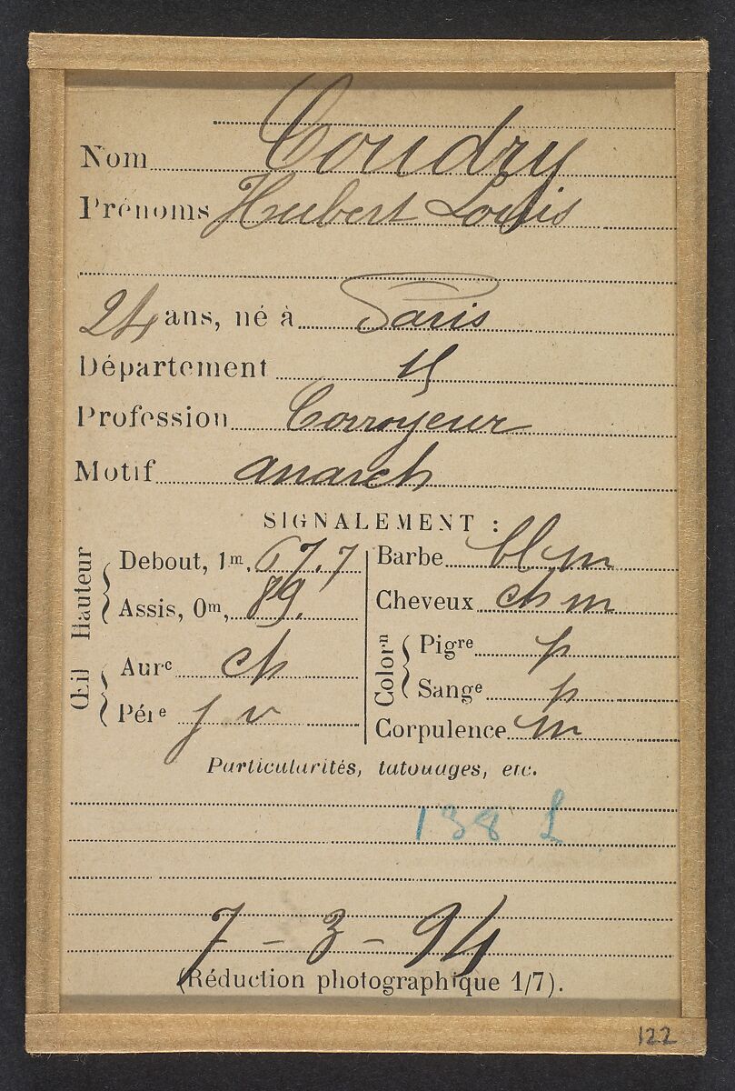 Coudry. Hubert, Louis. 24 ans, né à Paris XVe. Corroyeur. Anarchiste. 7/3/94., Alphonse Bertillon (French, 1853–1914), Albumen silver print from glass negative