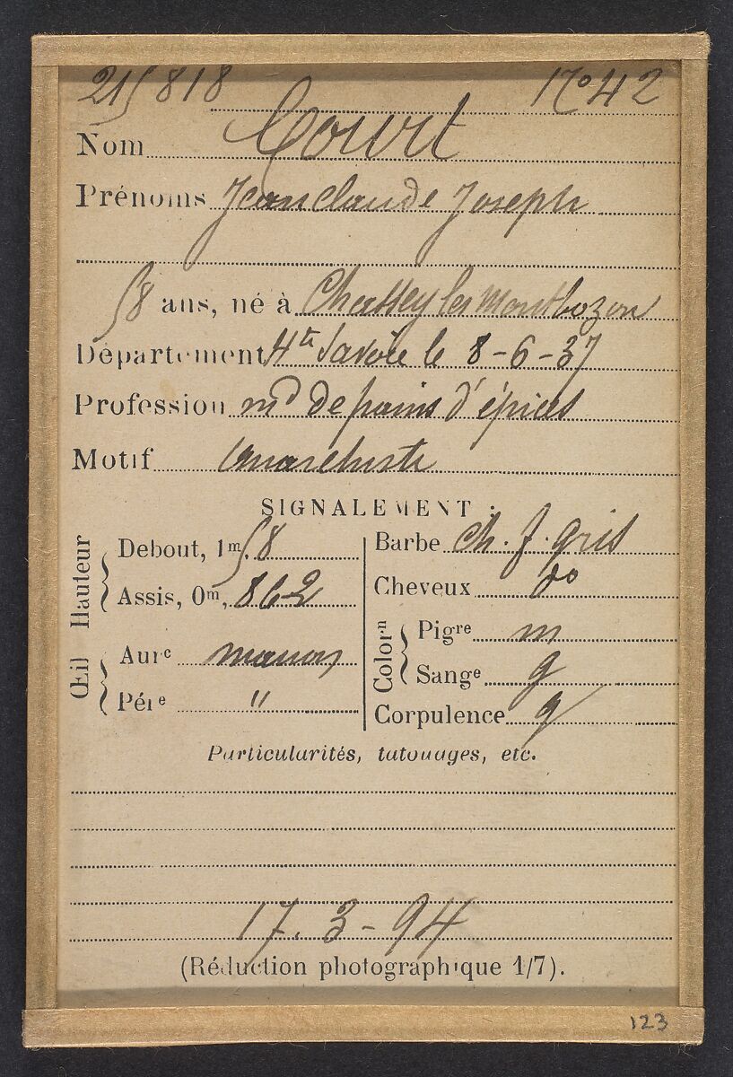 Court. Jean-Claude. 58 ans, né à Cherissey-le-M. (Haute-Savoie). Marchand de pains d'épices. Anarchiste. 17/3/94, Alphonse Bertillon (French, 1853–1914), Albumen silver print from glass negative