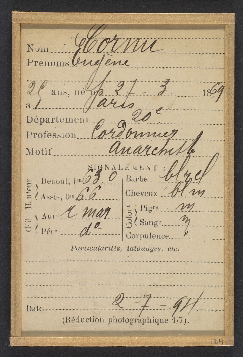 Cornu. Eugène. 25 ans, né à Paris XXe le 27/3/94. Cordonnier. Anarchiste. 2/7/94., Alphonse Bertillon (French, 1853–1914), Albumen silver print from glass negative