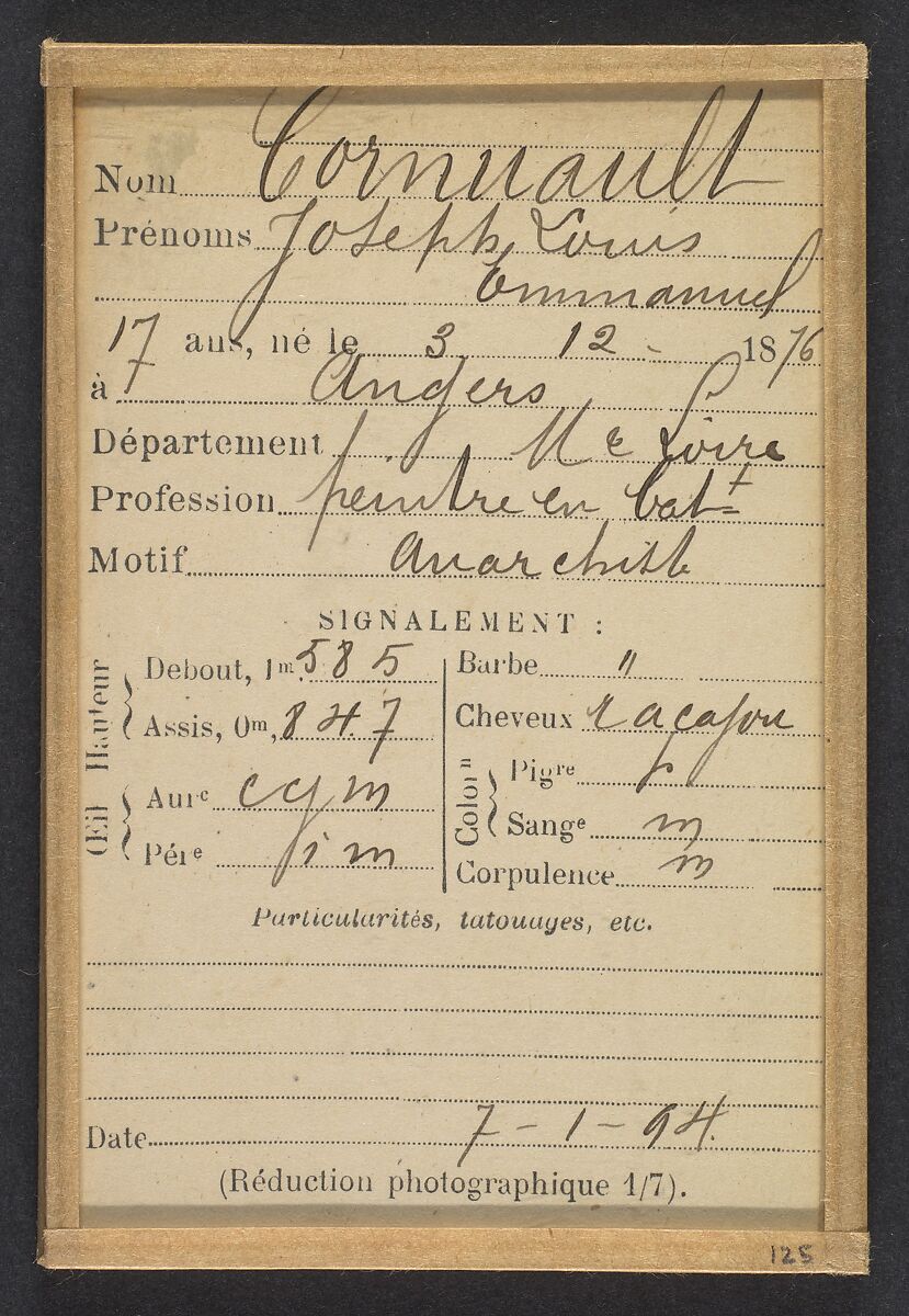 Cornuault. Joseph. 17 ans, né à Angers (Maine & Loire). Peintre eu bâtiment. Anarchiste. 7/1/94., Alphonse Bertillon (French, 1853–1914), Albumen silver print from glass negative