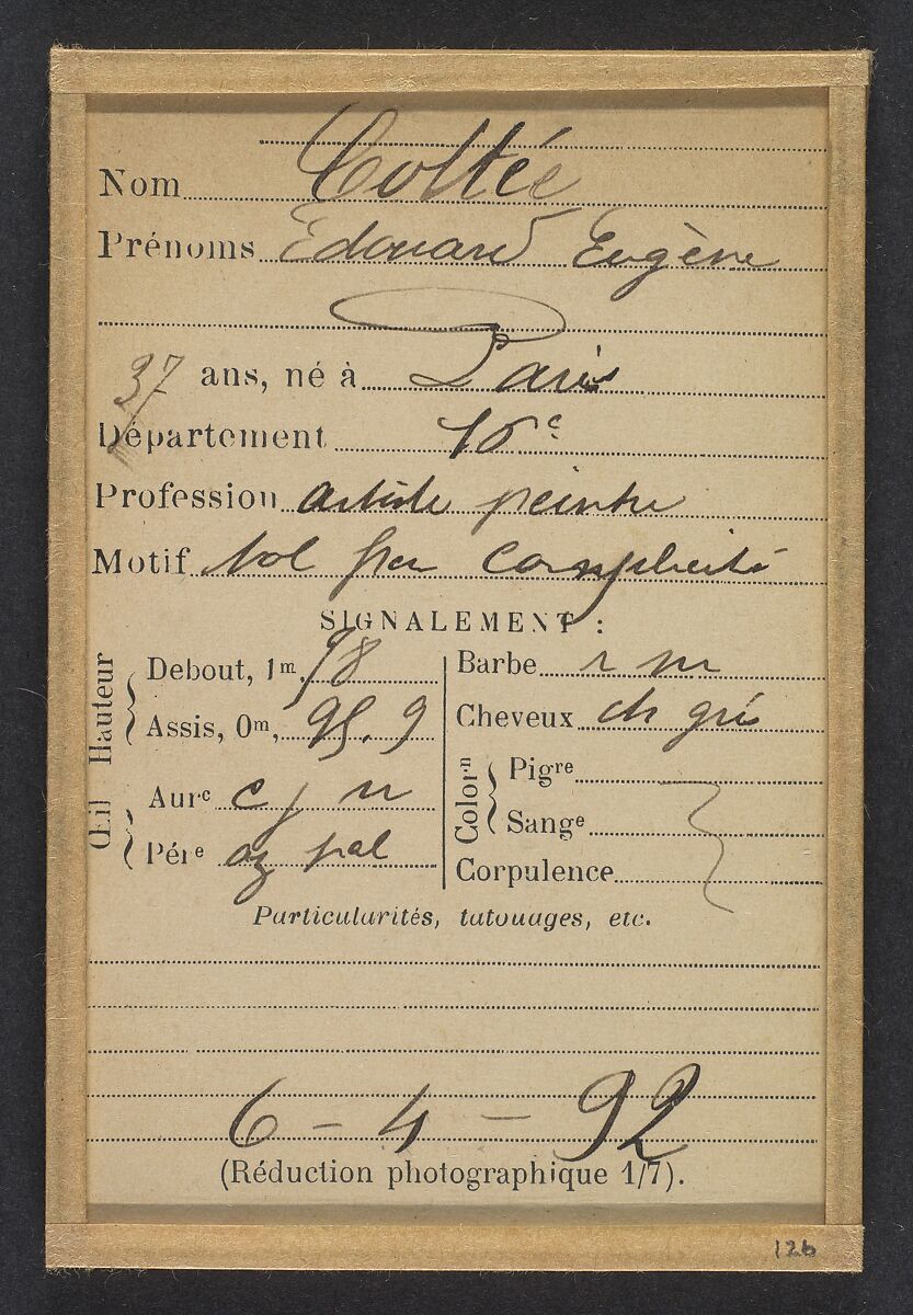 Cottée. Edouard, Eugène. 37 ans, né à Paris XVle. Artiste-peintre. Vol par complicité. 6/2/92., Alphonse Bertillon (French, 1853–1914), Albumen silver print from glass negative