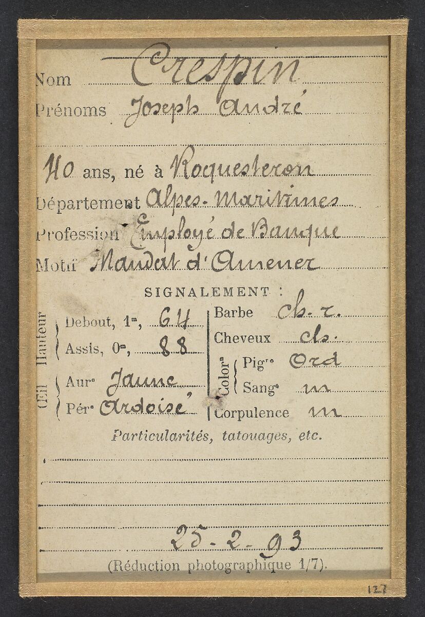 Crespin. Joseph. 40 ans, né à Roquesteron (Alpes-Maritimes). Employé de banque. 25/3/93., Alphonse Bertillon (French, 1853–1914), Albumen silver print from glass negative
