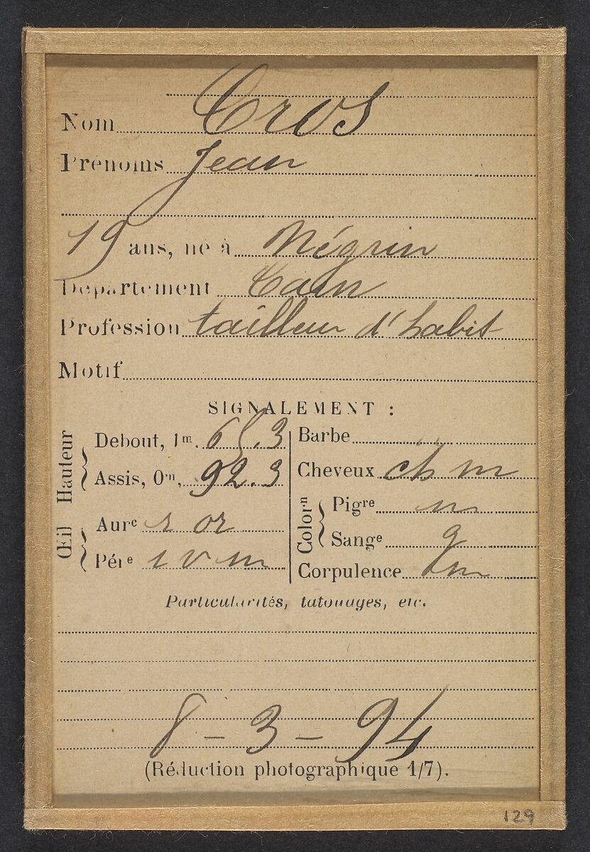 Cros. Jean. 19 ans, né à Négrin (Tarn). Tailleur d'habits. Pas de motif. 8/3/94., Alphonse Bertillon (French, 1853–1914), Albumen silver print from glass negative