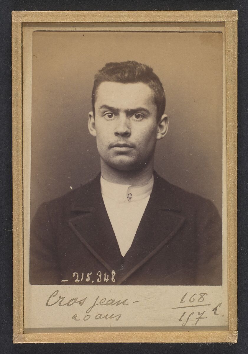 Cros. Jean. 19 ans, né à Négrin (Tarn). Tailleur d'habits. Pas de motif. 8/3/94., Alphonse Bertillon (French, 1853–1914), Albumen silver print from glass negative 