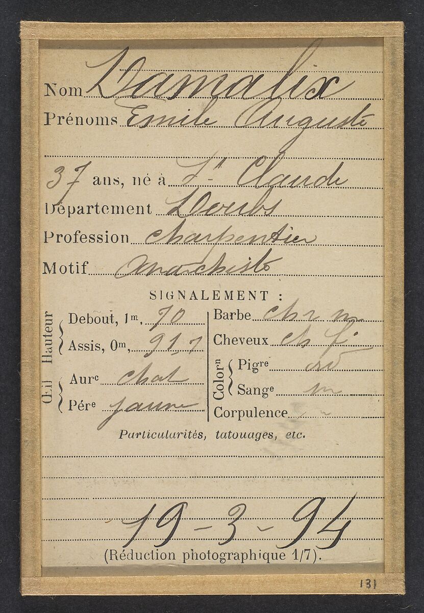 Damalix. Émile, Auguste. 37 ans, né à St-Claude (Doubs). Charpentier. Anarchiste. 19/3/94., Alphonse Bertillon (French, 1853–1914), Albumen silver print from glass negative