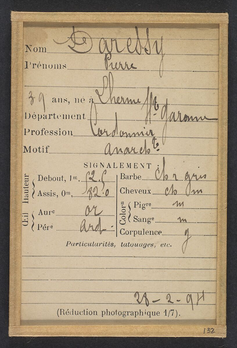 Daressy. Pierre. 39 ans, né à Lherme (Haute-Garonne). Cordonnier. Anarchiste. 28/2/94., Alphonse Bertillon (French, 1853–1914), Albumen silver print from glass negative