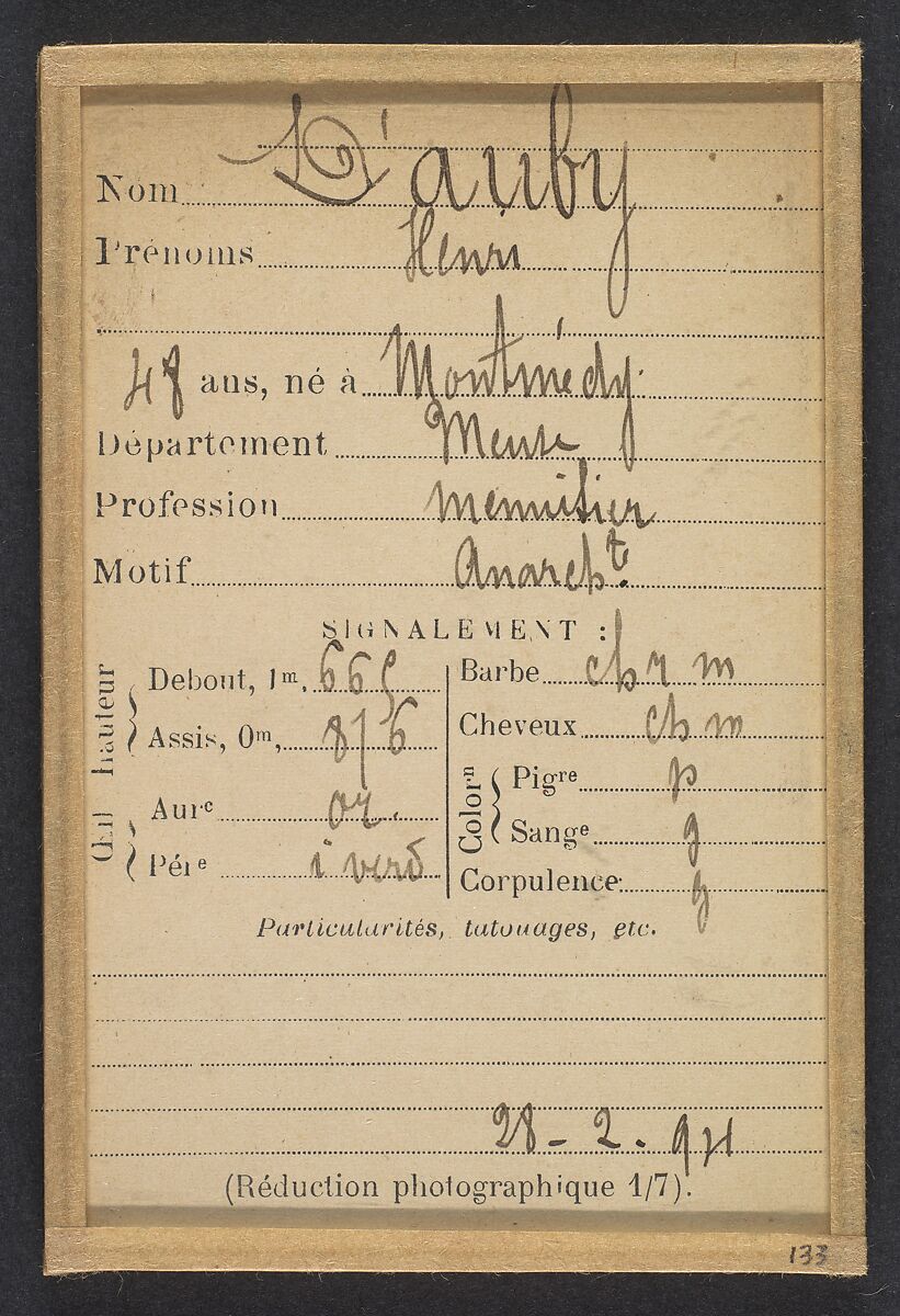 D'Auby. Henri. 48 (ou 49) ans, né à Montmédy (Meuse). Menuisier. Anarchiste. 28/2/94., Alphonse Bertillon (French, 1853–1914), Albumen silver print from glass negative